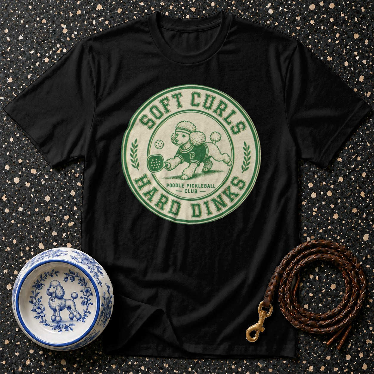 Black t-shirt with "Poodle Pickleball Club" logo featuring a poodle playing pickleball.