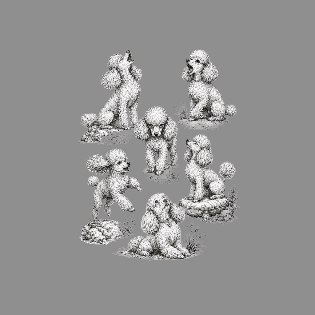 Six black and white sketches of poodles in various playful poses on a gray background.