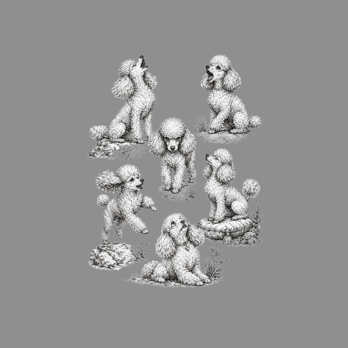 Six black and white sketches of poodles in various playful poses on a gray background.