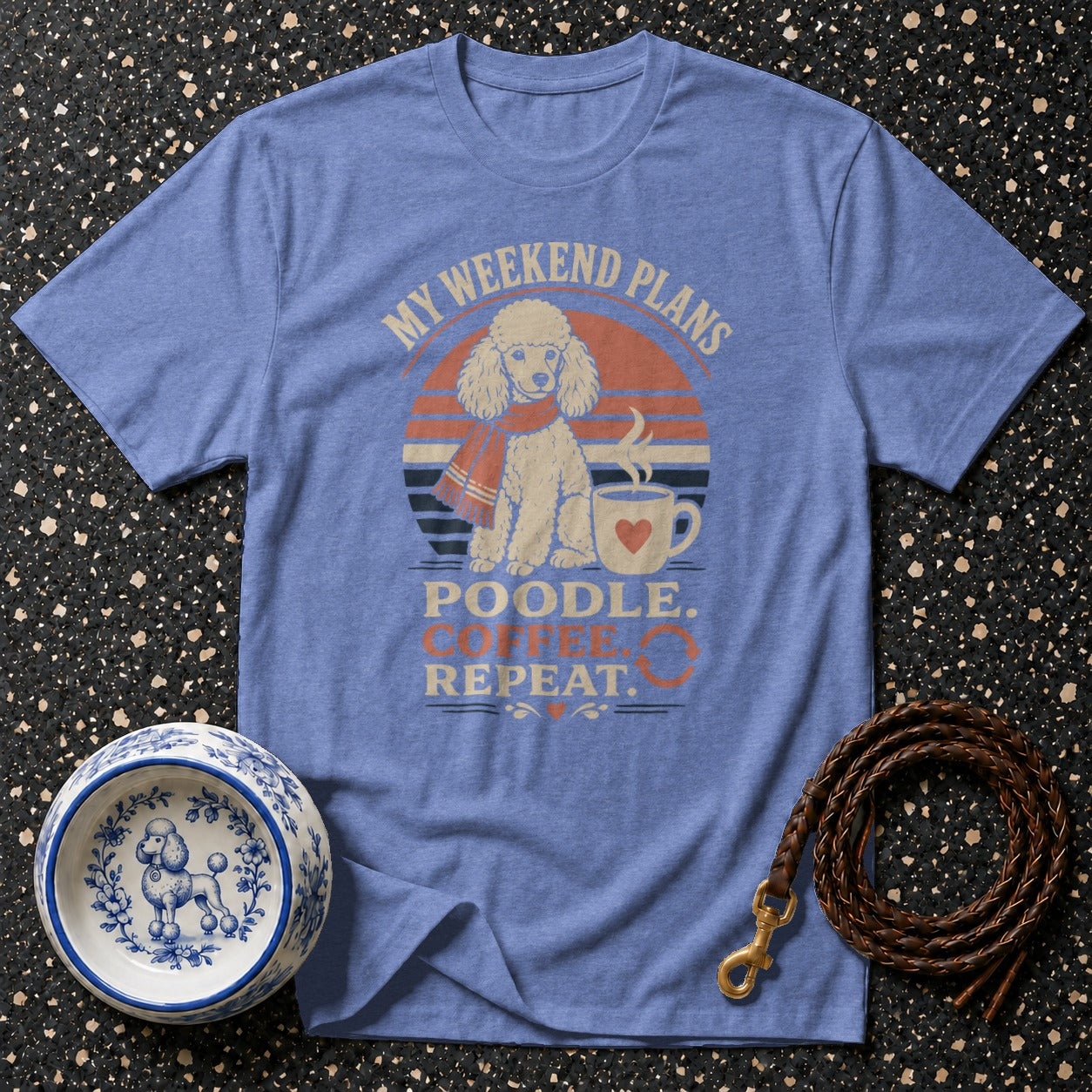 Blue t-shirt with a poodle graphic and text "My Weekend Plans Poodle. Coffee. Repeat."