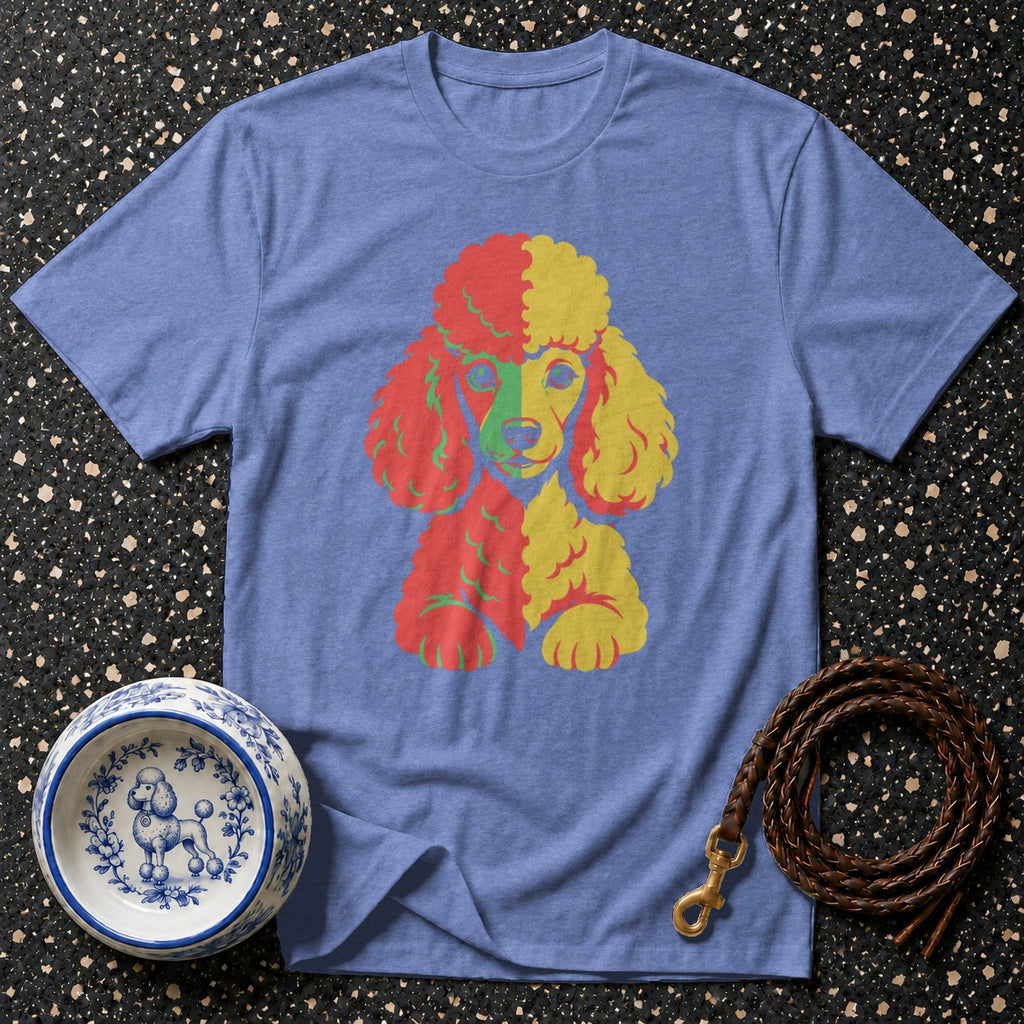 Blue t-shirt with colorful poodle graphic, dog bowl, and leather leash.