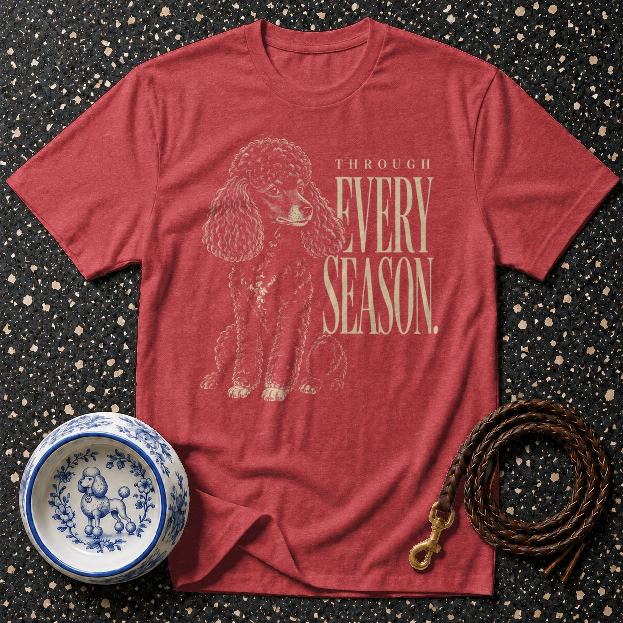 Red t-shirt with vintage poodle illustration and "Through Every Season" text.