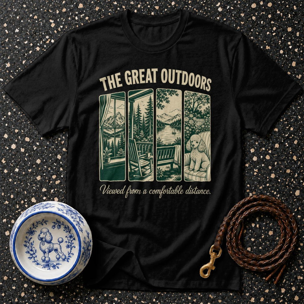 Black t-shirt with "The Great Outdoors" and poodle on a couch.