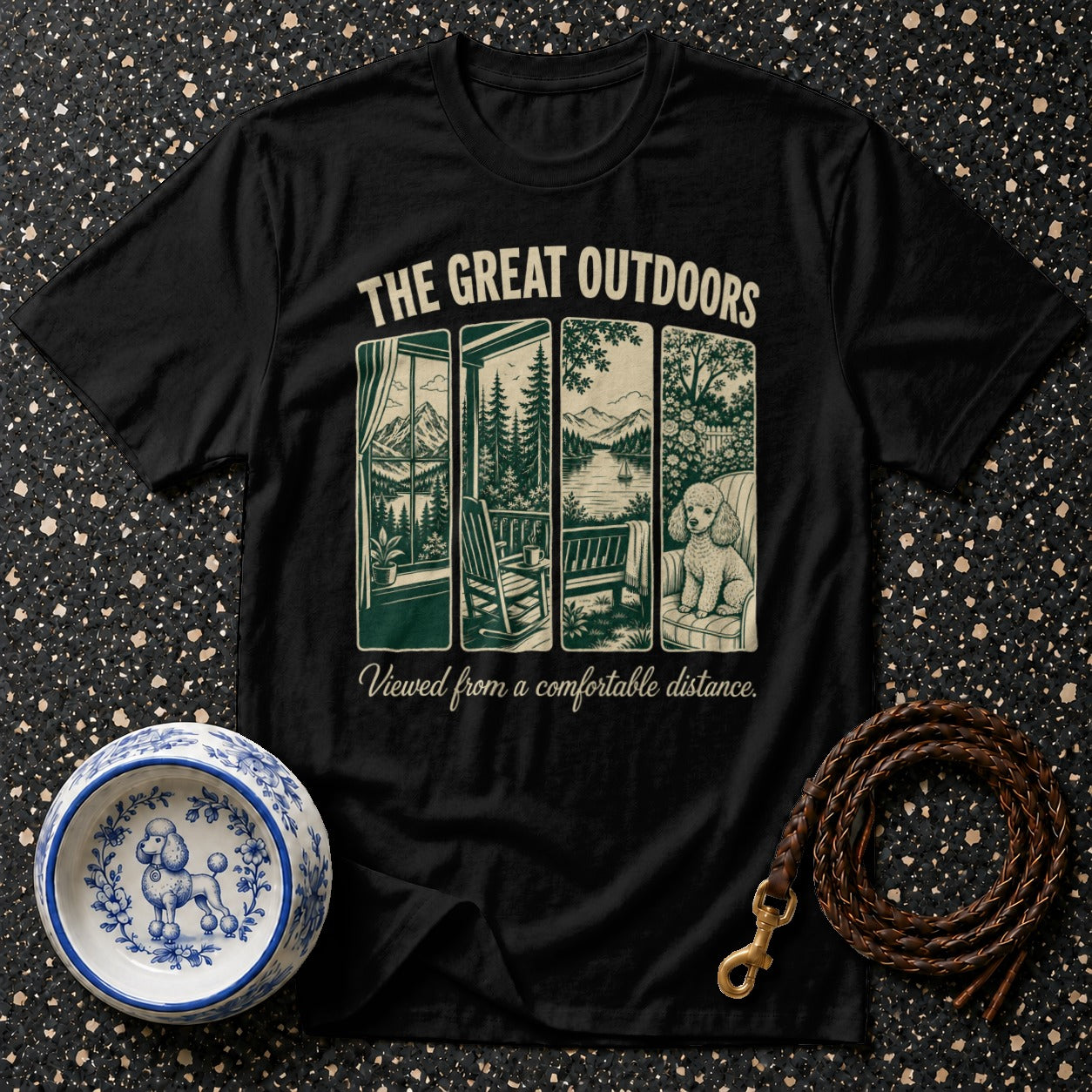 Black t-shirt with "The Great Outdoors" and poodle on a couch.