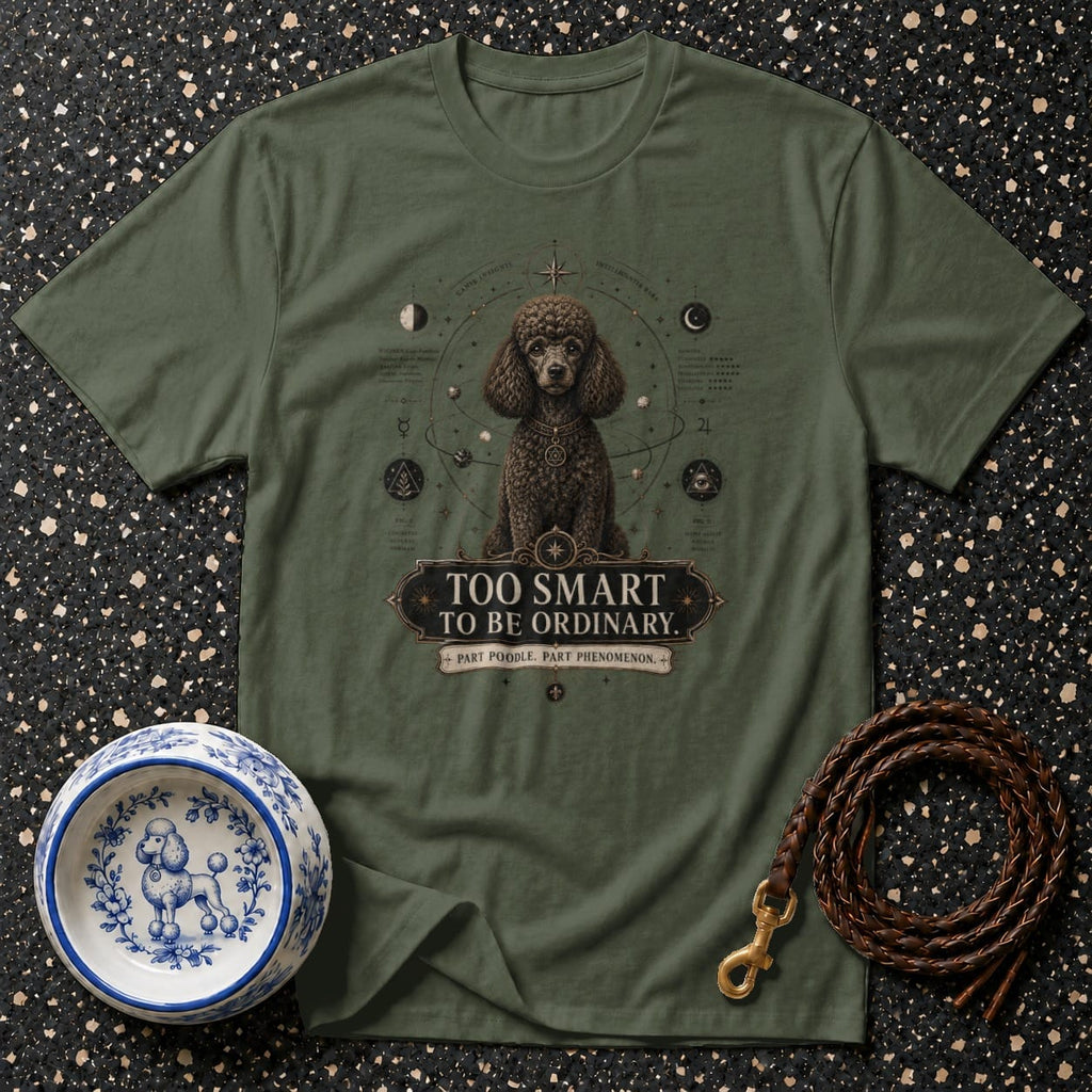 Dark brown poodle tee with "Too Smart To Be Ordinary" text, constellations, and a poodle.