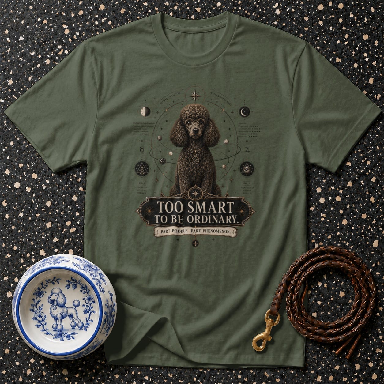 Dark brown poodle tee with "Too Smart To Be Ordinary" text, constellations, and a poodle.
