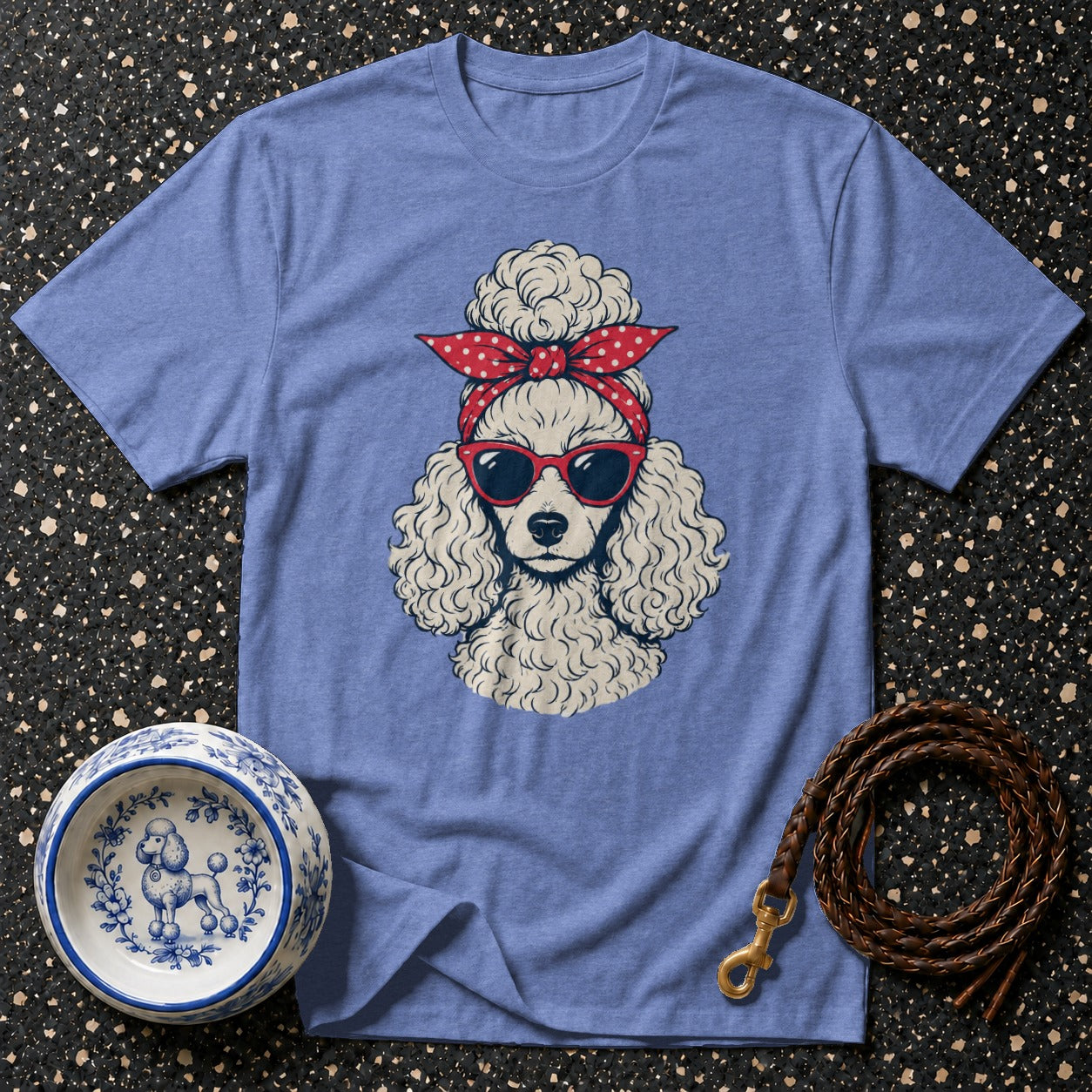 Blue t-shirt with a poodle wearing sunglasses and a red polka dot bandana.
