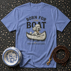 Blue t-shirt with poodle in canoe graphic, "Born for the Boat."
