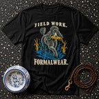 Black t-shirt with poodle graphic and "FIELD WORK. FORMALWEAR." text.