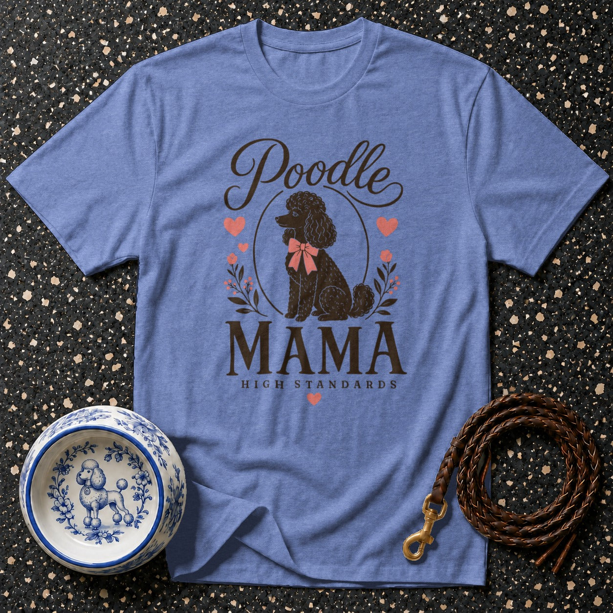 Blue t-shirt with "Poodle Mama High Standards" text and poodle graphic.