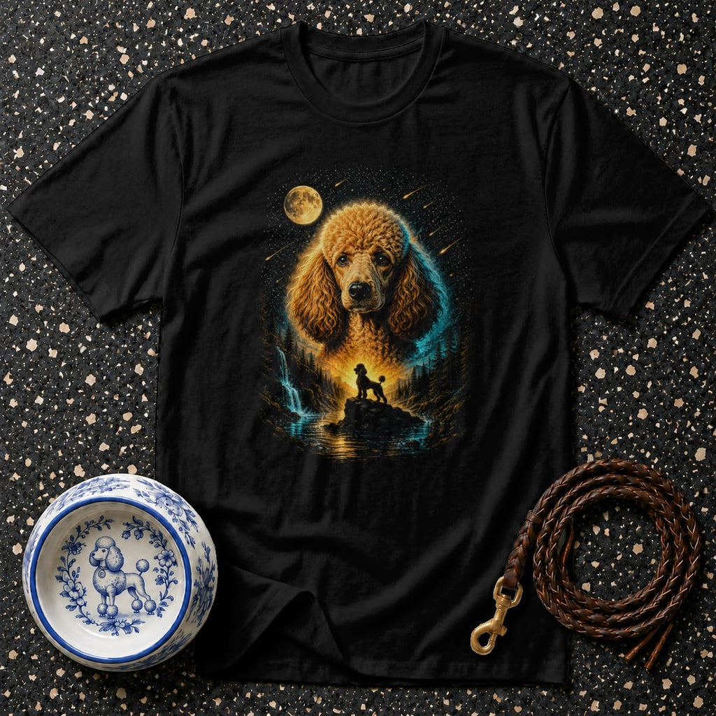 Black t-shirt with a large golden poodle face over a forest scene with moon and waterfall.