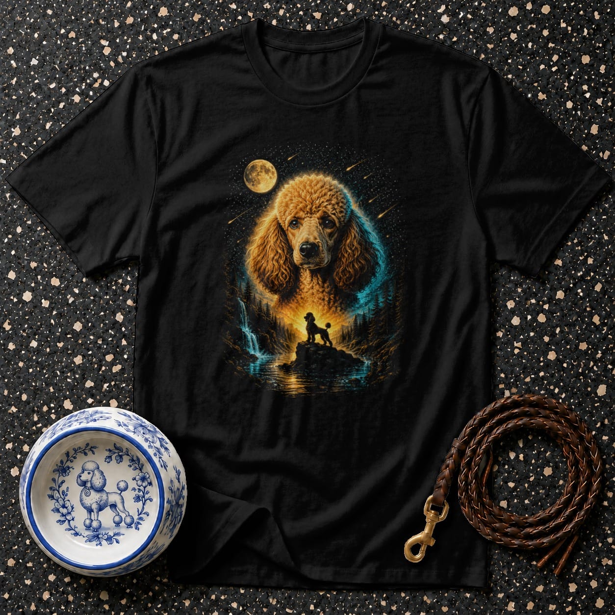 Black t-shirt with a large golden poodle face over a forest scene with moon and waterfall.