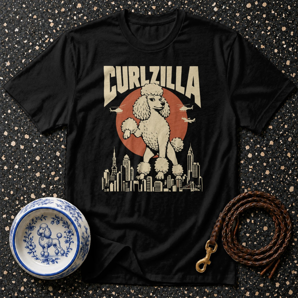 Black t-shirt with "CURLZILLA" text and a poodle over a city skyline.