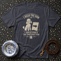 Dark grey t-shirt with white text and a poodle illustration: "I READ THE SIGN I QUESTIONED THE INSTRUCTION."
