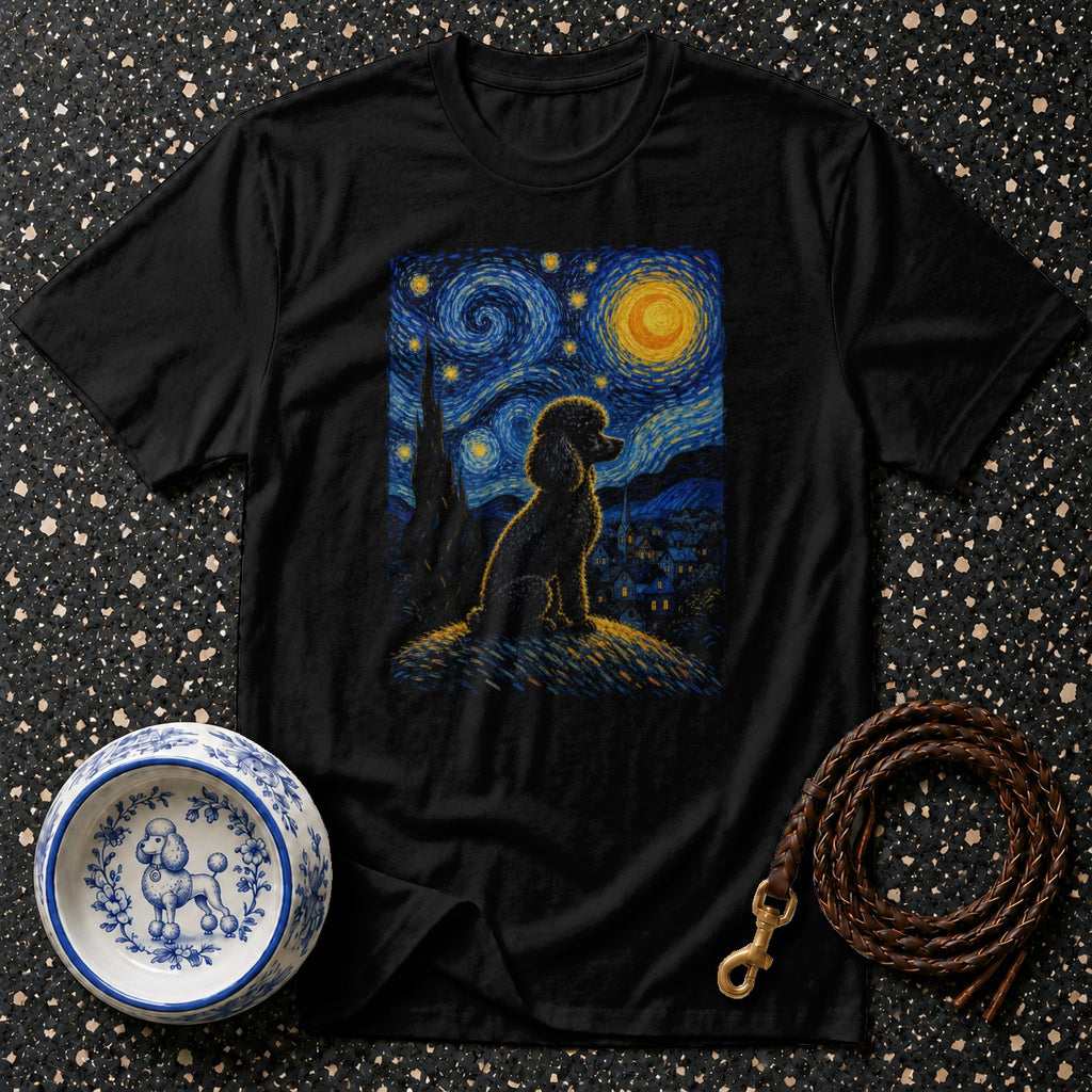 Black t-shirt features a stylized black poodle sitting under a Van Gogh-esque starry night sky.