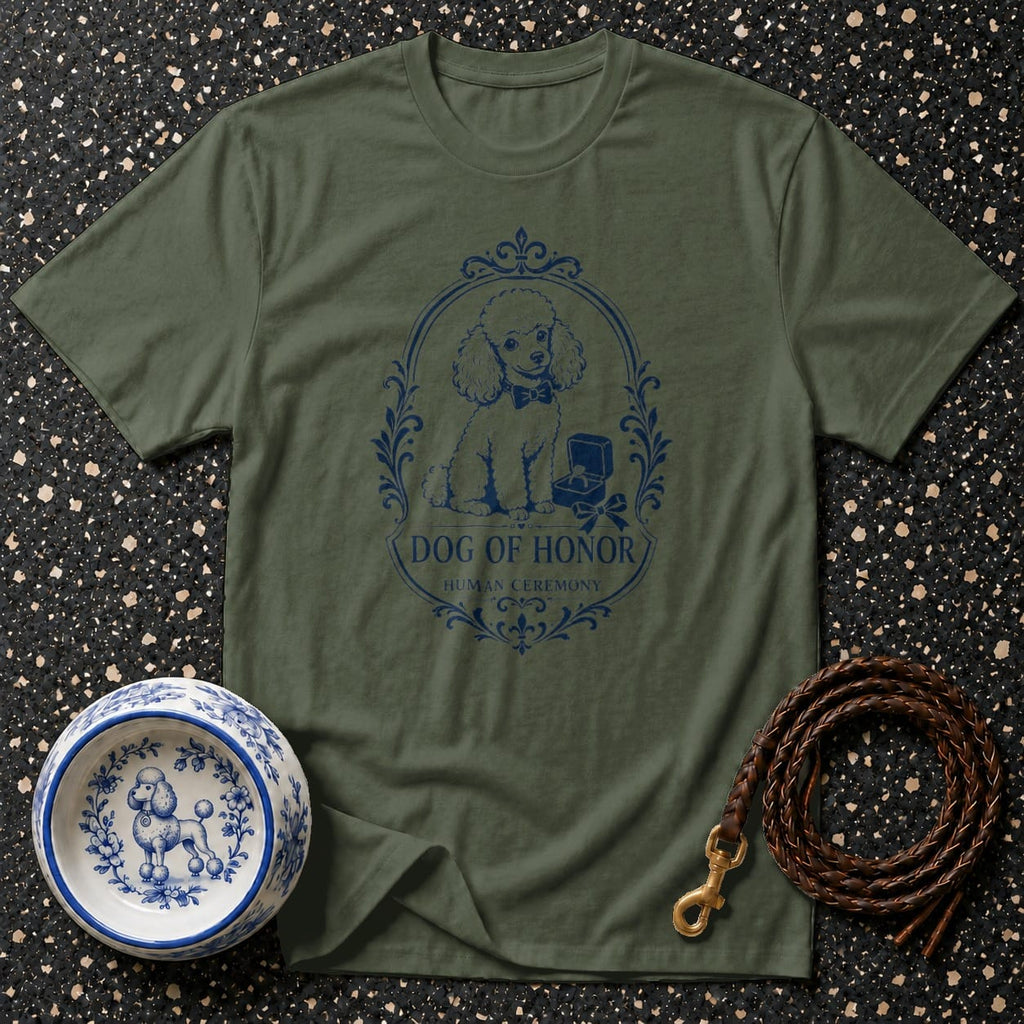 Green t-shirt with a blue oval design featuring a poodle and text, "Dog of Honor Human Ceremony".