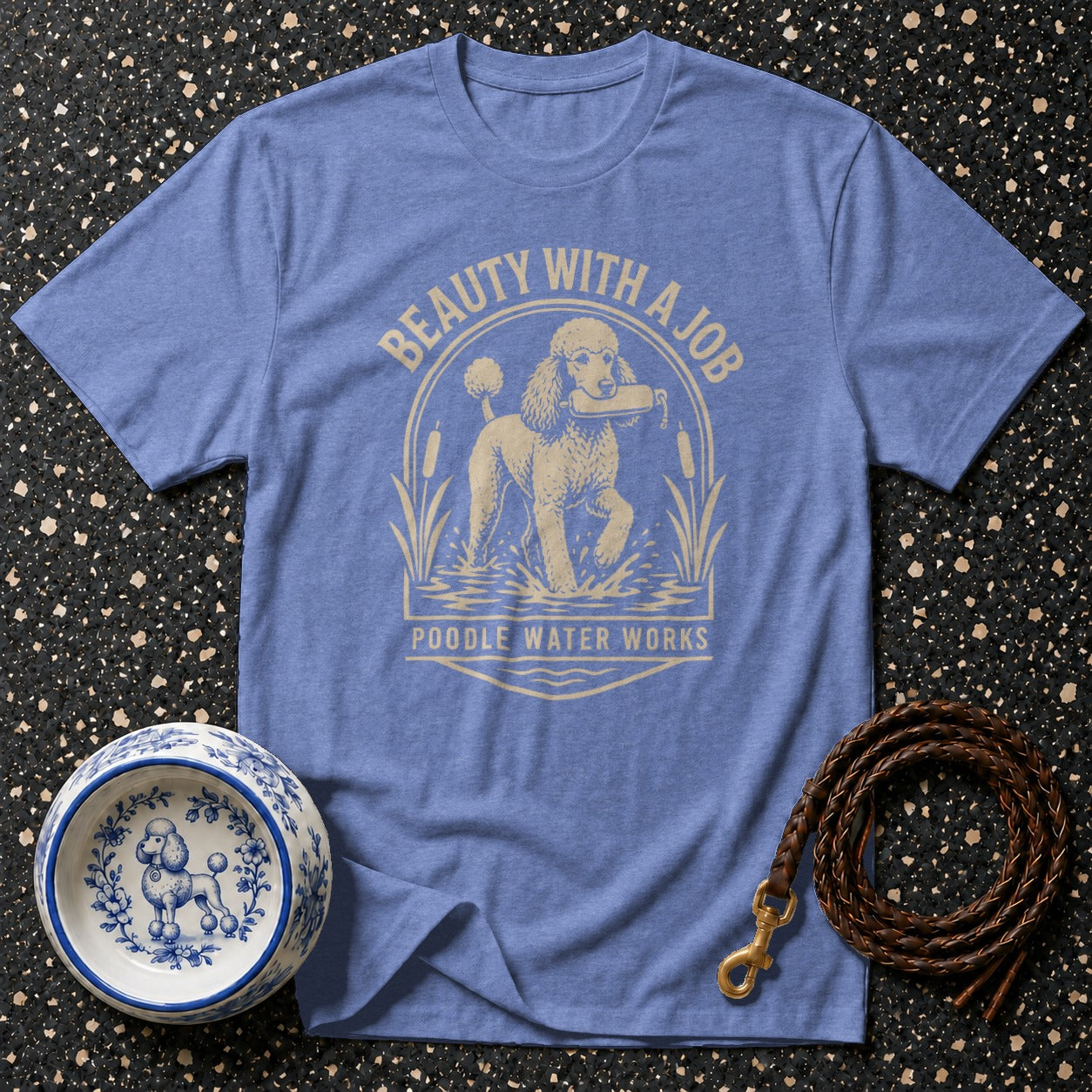 Blue t-shirt with "Beauty with a Job" and poodle in water design.