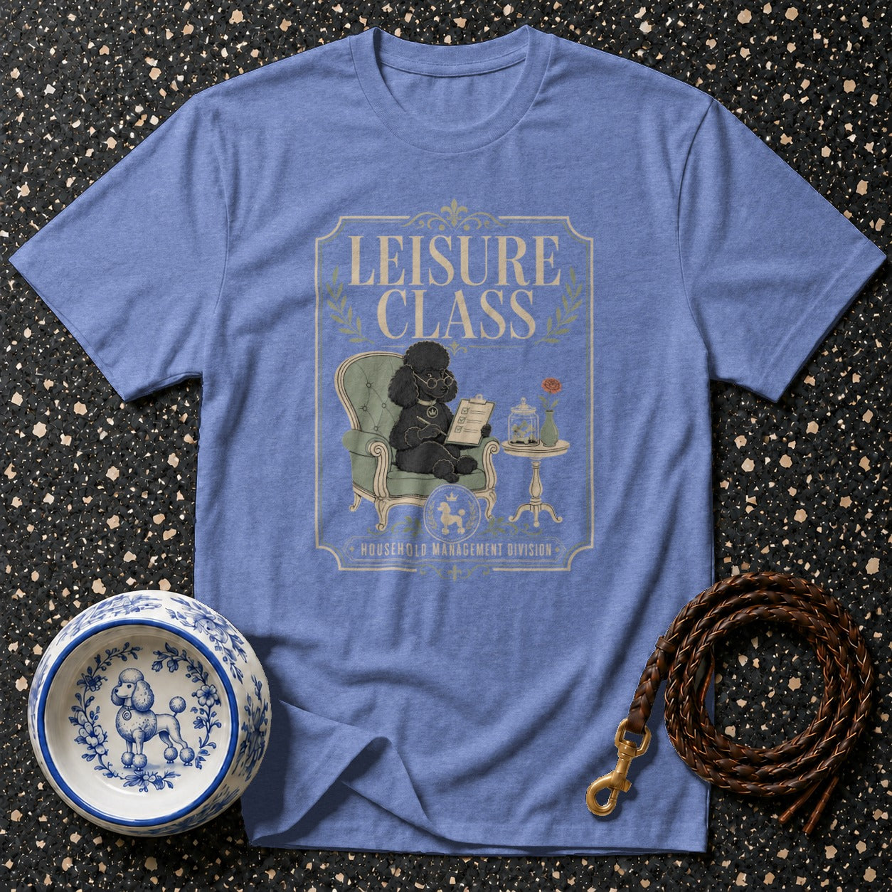 Blue t-shirt with a black poodle in glasses reading and "LEISURE CLASS" text.