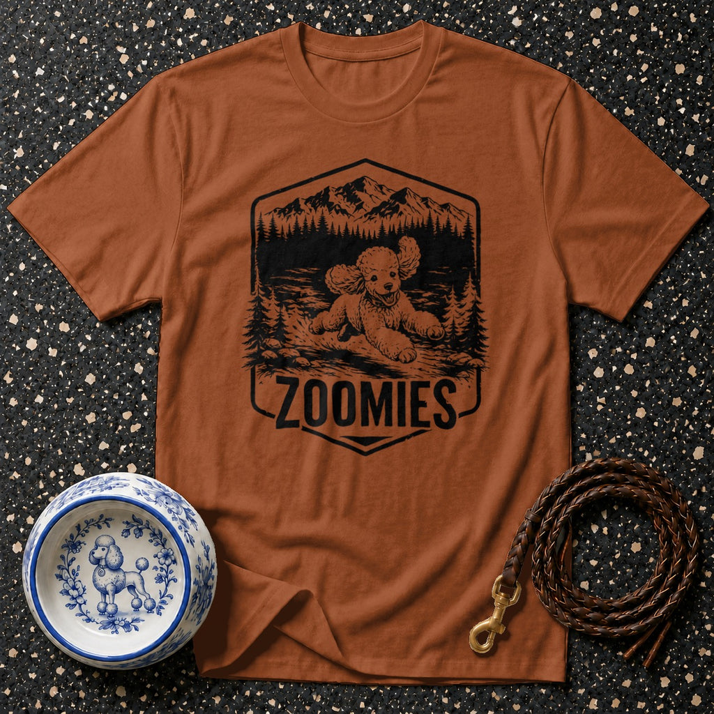 Brown t-shirt with a graphic of a poodle running through a forest with mountains and the word "ZOOMIES".