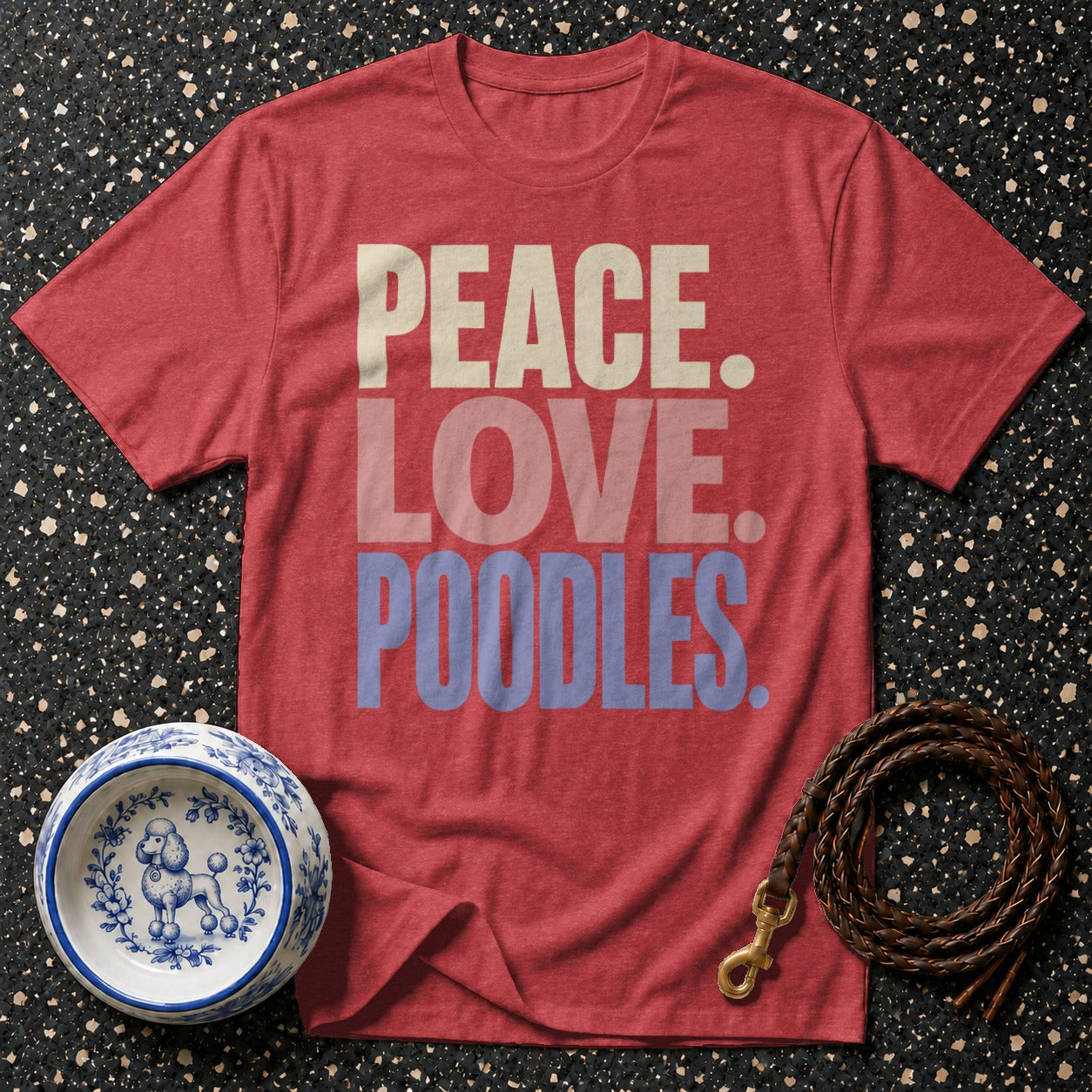 Red t-shirt with "PEACE. LOVE. POODLES." text, poodle bowl, and leash.
