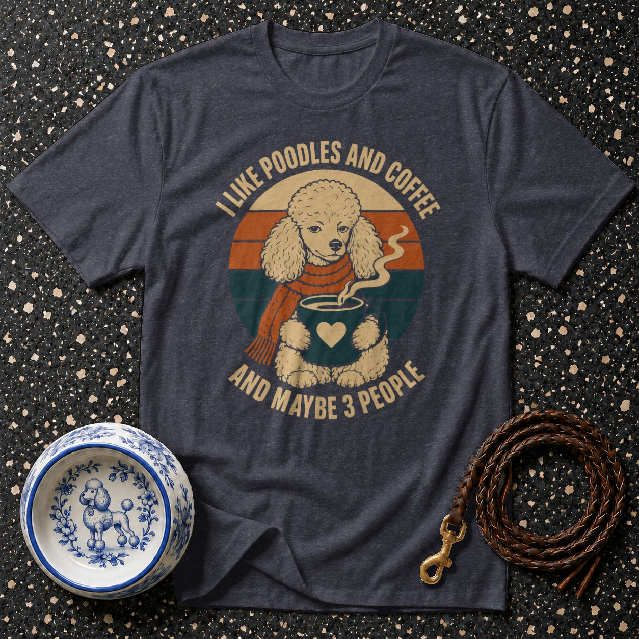 Dark grey t-shirt with a poodle holding a coffee mug, text reads "I like poodles and coffee and maybe 3 people."