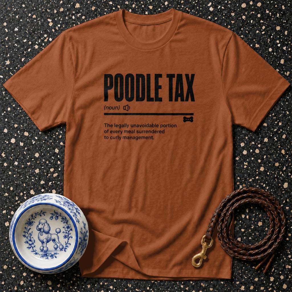 Brown t-shirt with "POODLE TAX" and definition. Includes dog bowl and leash.