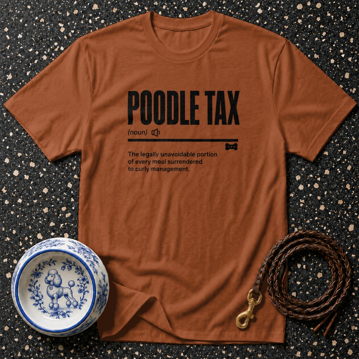 Brown t-shirt with "POODLE TAX" and definition. Includes dog bowl and leash.