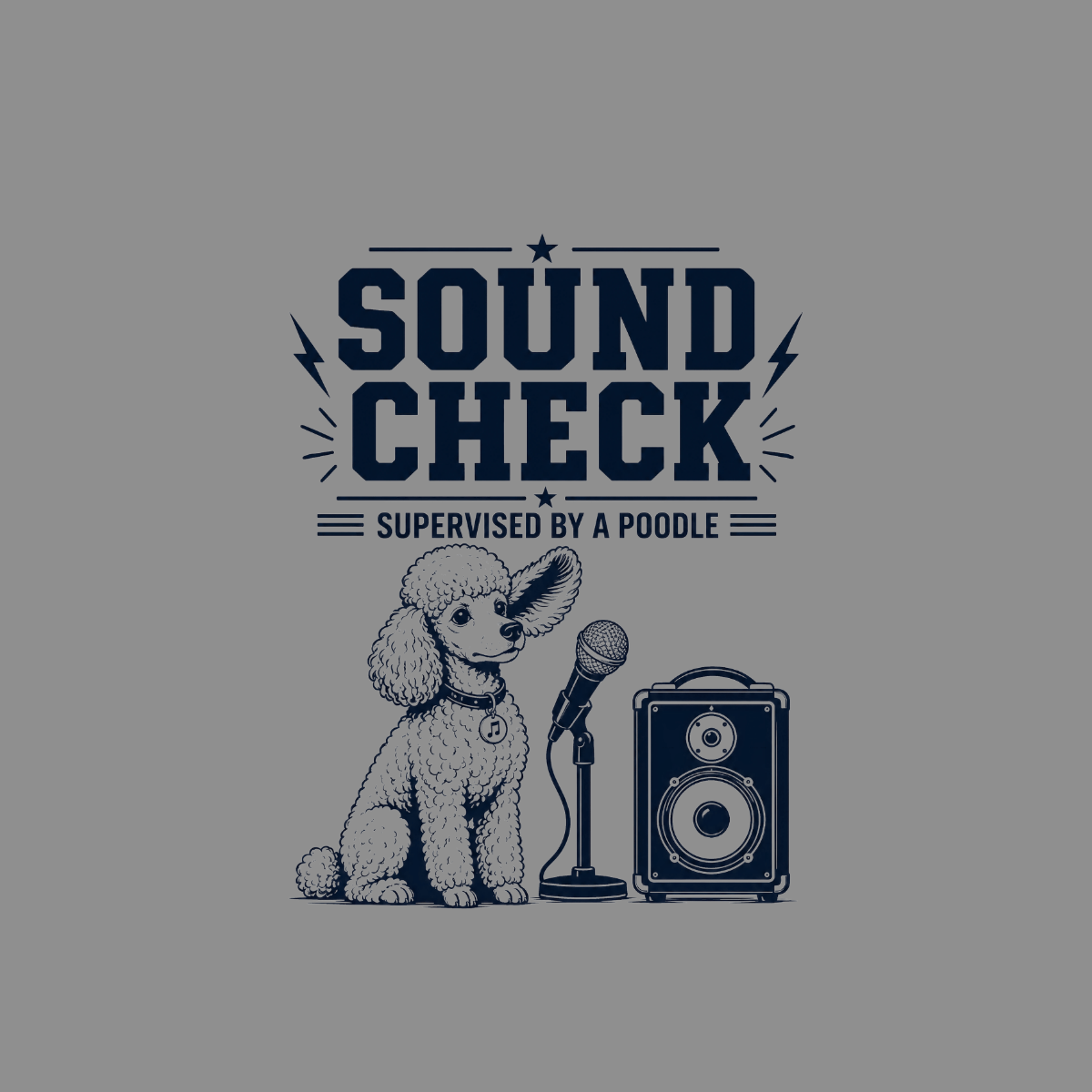 Sound Check supervised by a poodle with microphone and speaker.