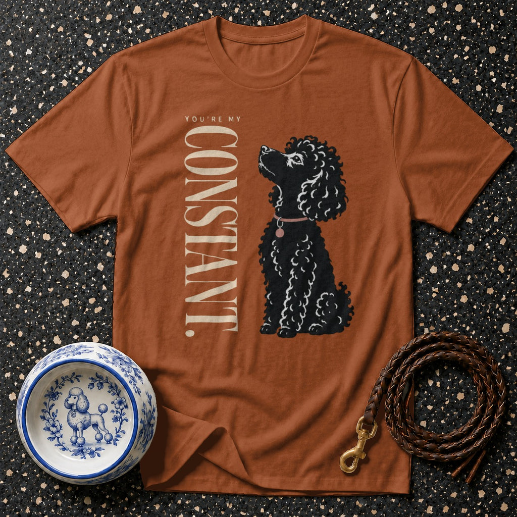 Brown t-shirt with a black poodle illustration and "You're My Constant" text.