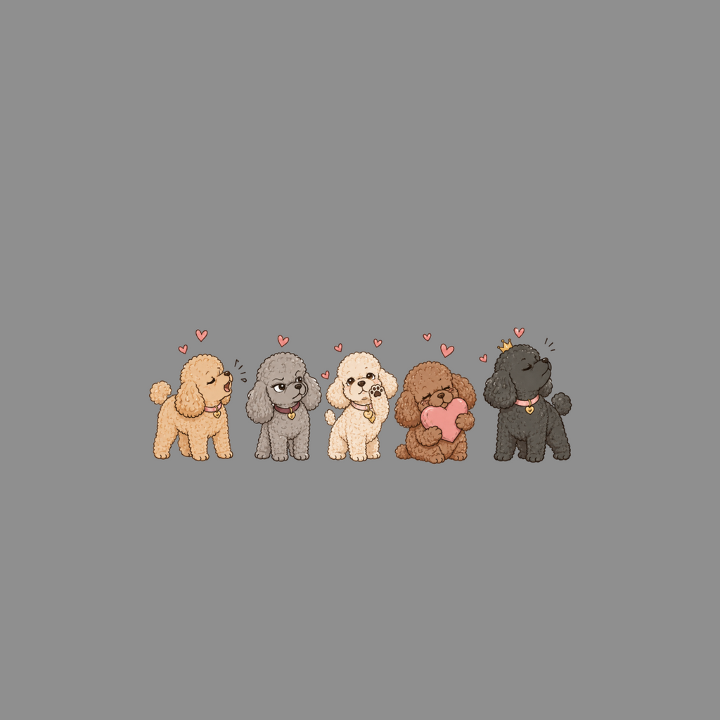 Five cartoon poodles in different colors stand in a row, some with heart accents.