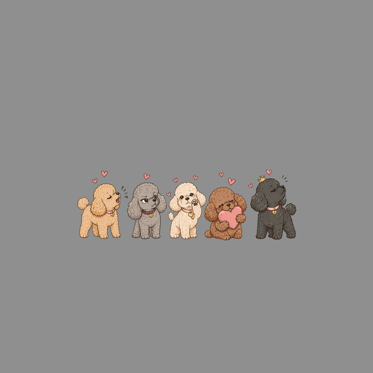 Five cartoon poodles in different colors stand in a row, some with heart accents.