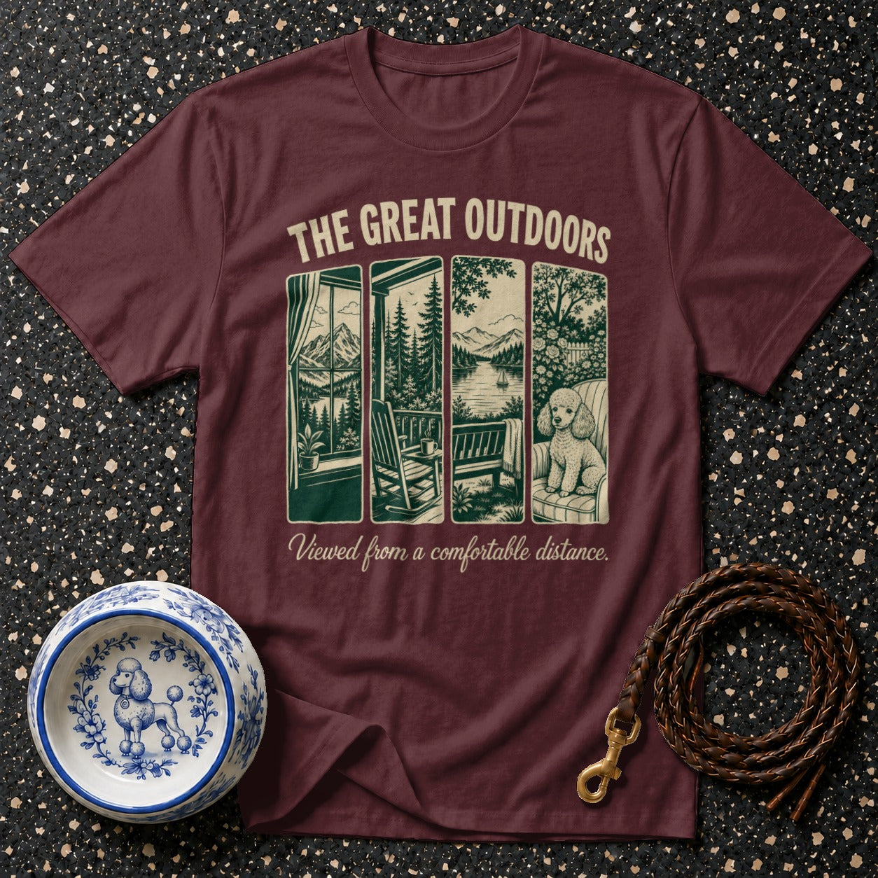 Maroon t-shirt with "The Great Outdoors" and scenic views with a poodle.