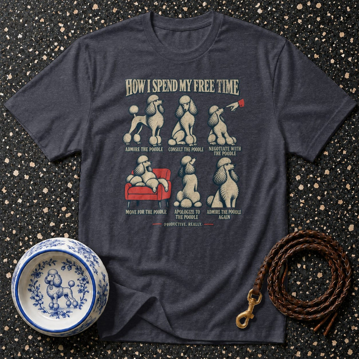 T-shirt with cartoon poodles illustrating "How I Spend My Free Time."