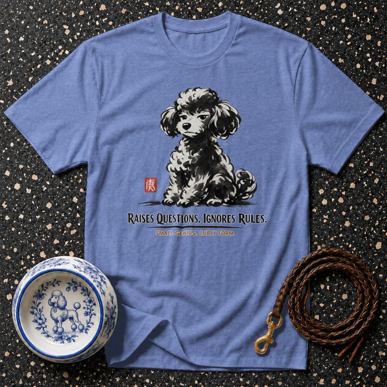 Blue t-shirt with a poodlevdesign and text.