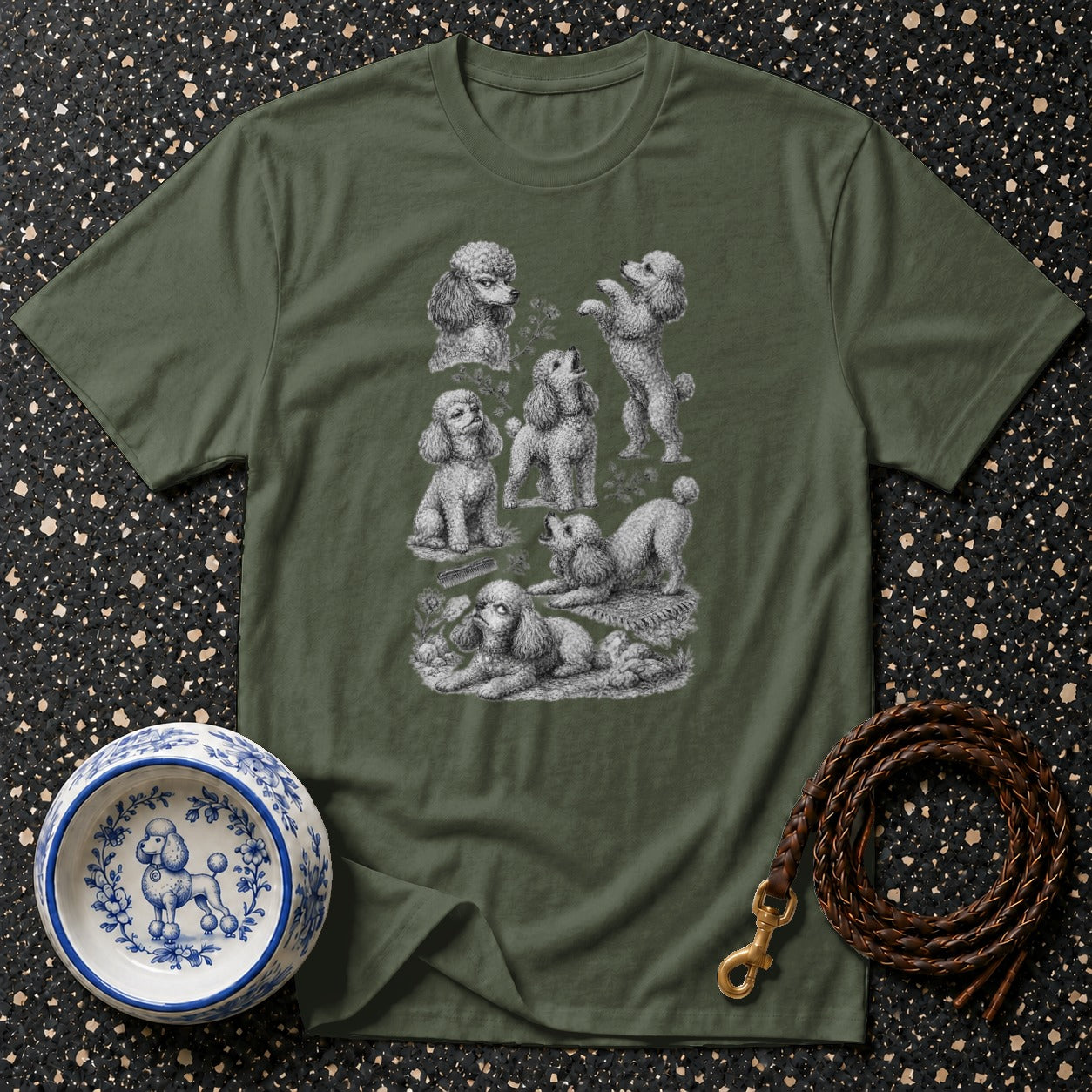 Green t-shirt with a montage of seven poodle illustrations.