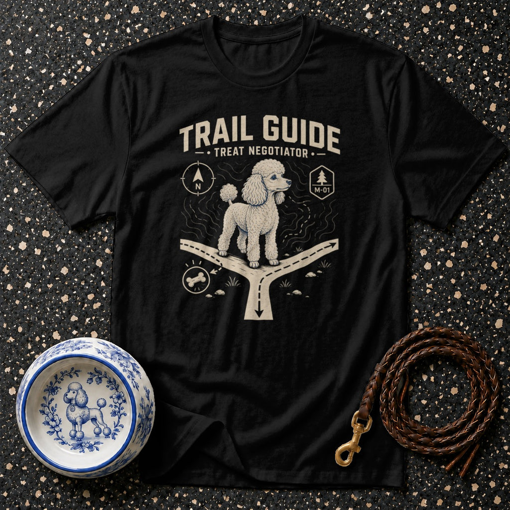 Black t-shirt with "Trail Guide Treat Negotiator" text and a poodle at a trail fork.
