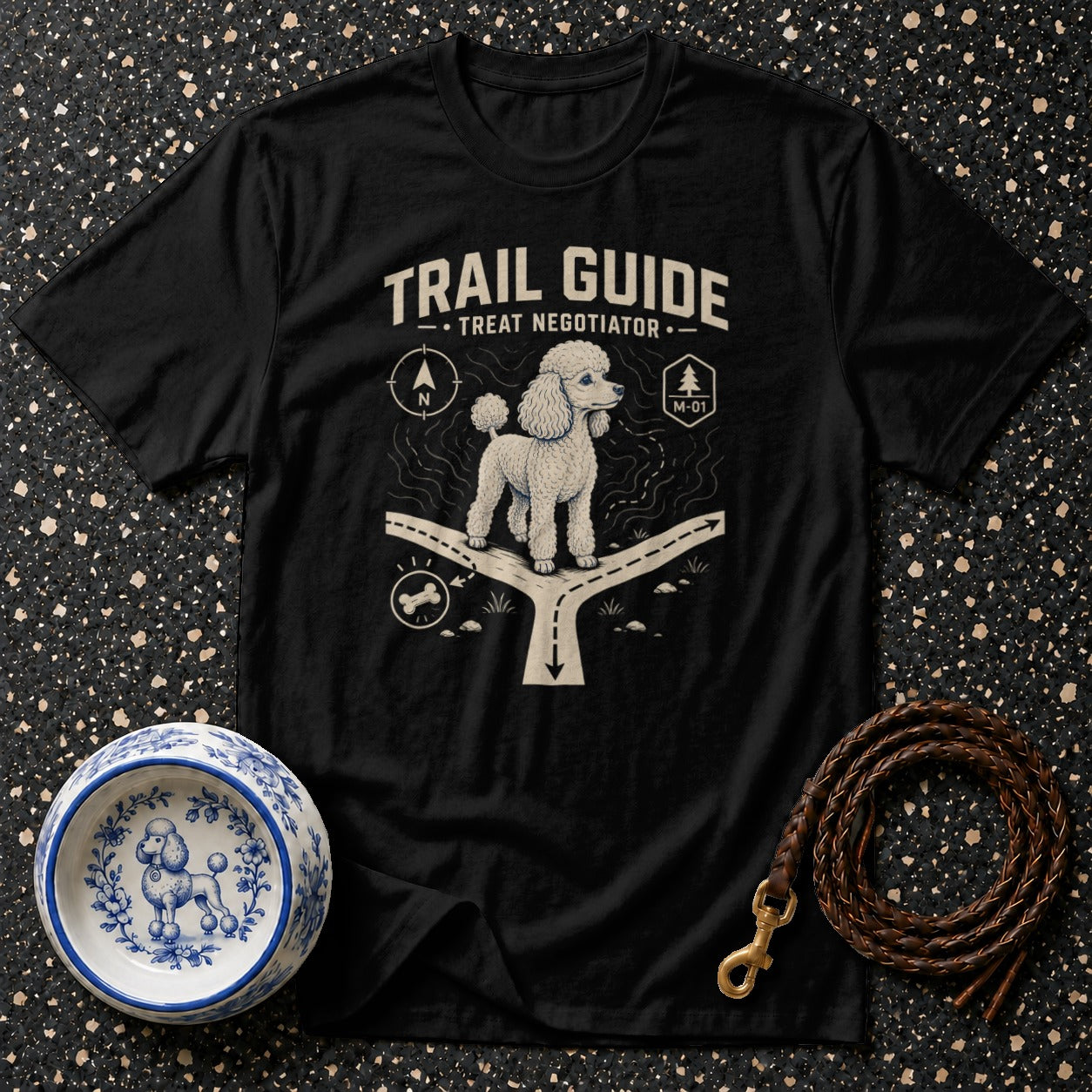 Black t-shirt with "Trail Guide Treat Negotiator" text and a poodle at a trail fork.