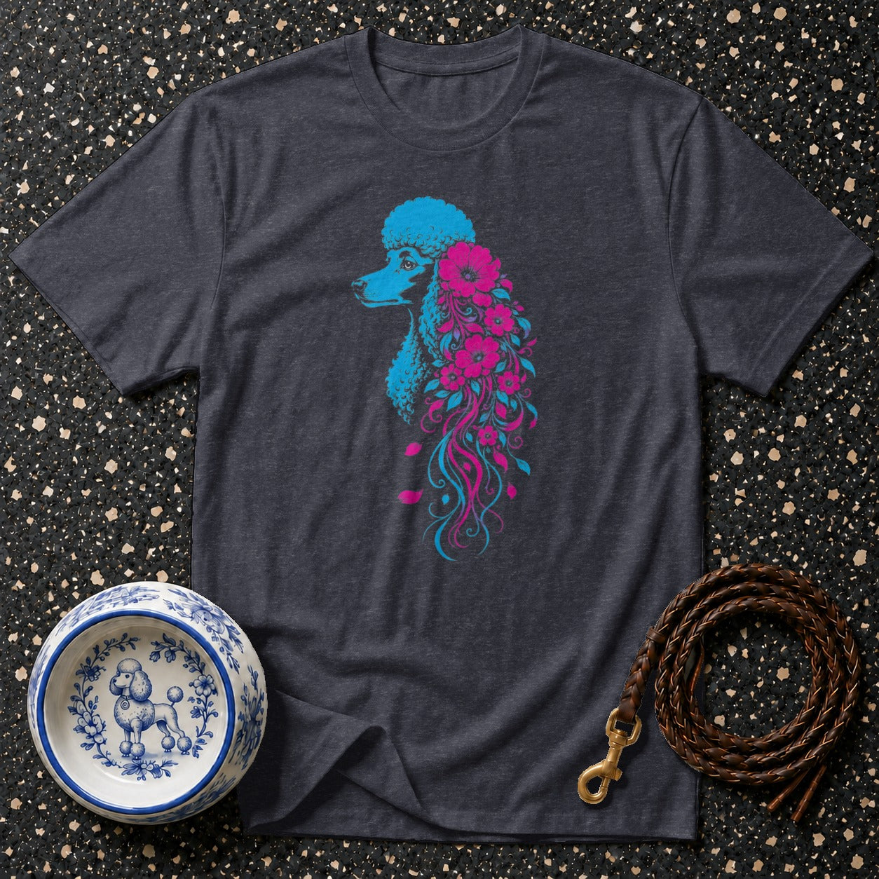 Dark grey t-shirt with blue and pink poodle floral design.