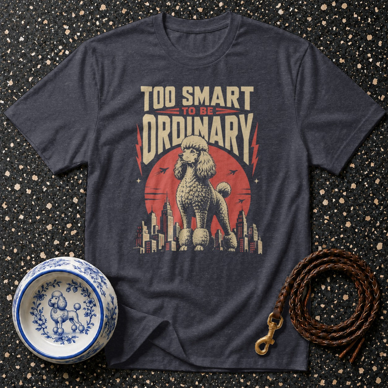 Dark t-shirt with vintage poodle graphic and text "TOO SMART TO BE ORDINARY".