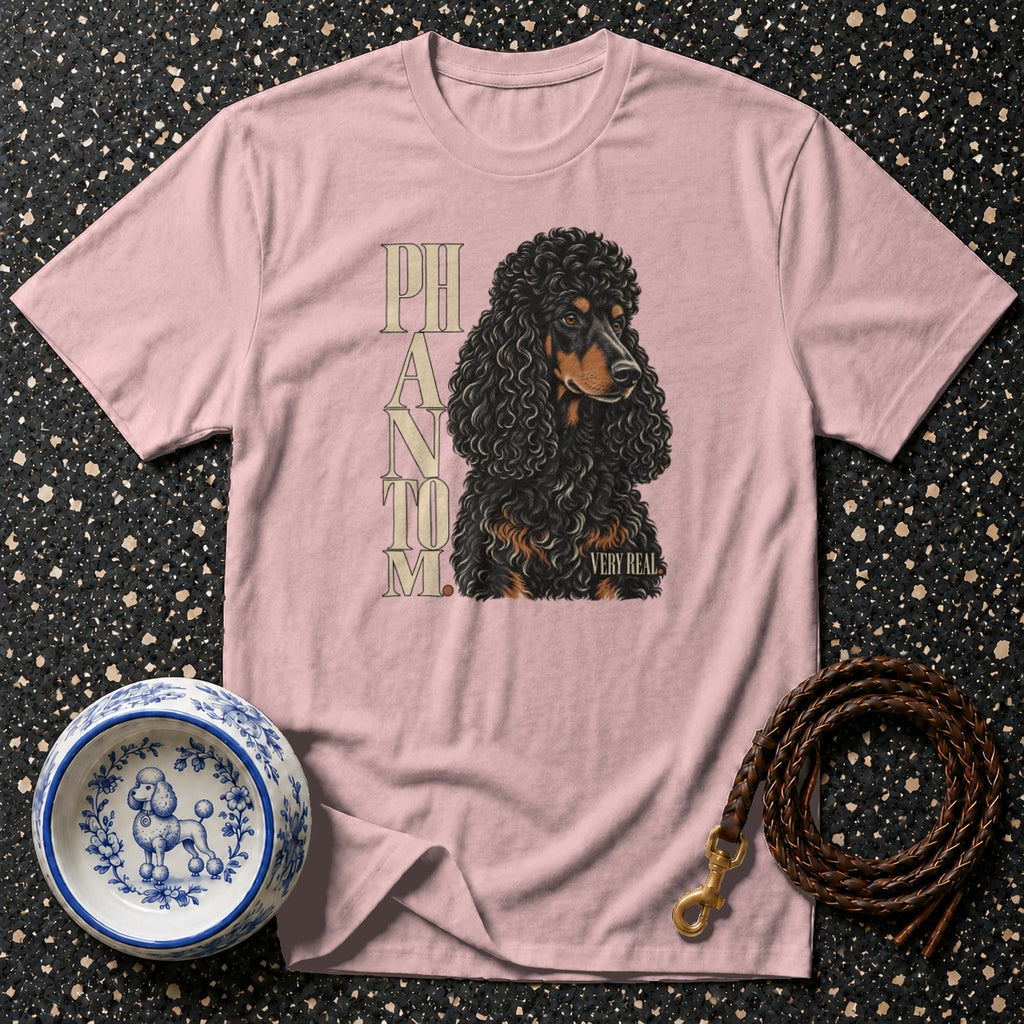Pink t-shirt with a black poodle graphic and "Phantom" text.
