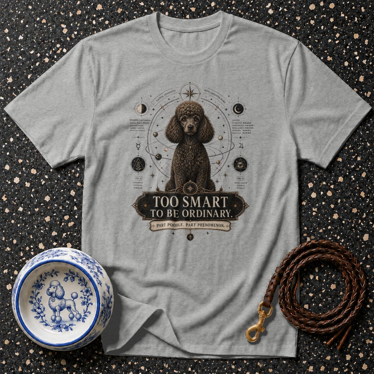 Gray t-shirt with poodle graphic and astrological elements, reads "TOO SMART TO BE ORDINARY."
