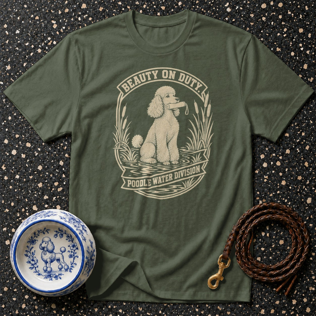 Green t-shirt with a cream poodle illustration and text "Beauty on Duty Poodle Water Division".