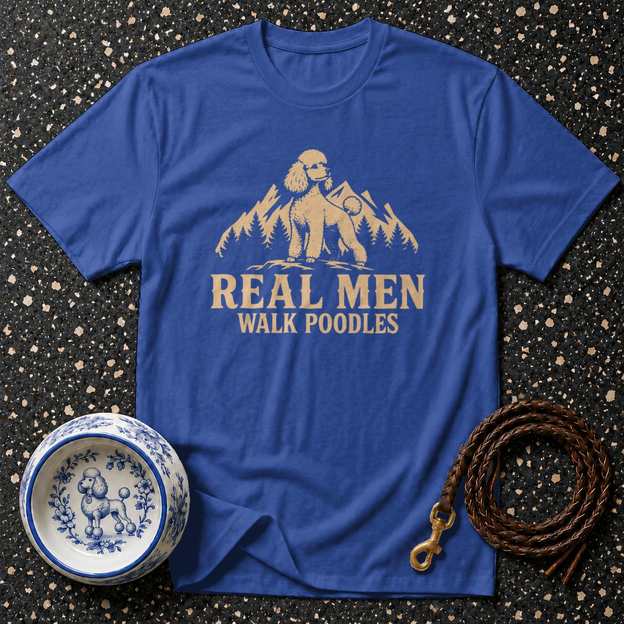 Blue t-shirt with text "REAL MEN WALK POODLES" and a poodle graphic.