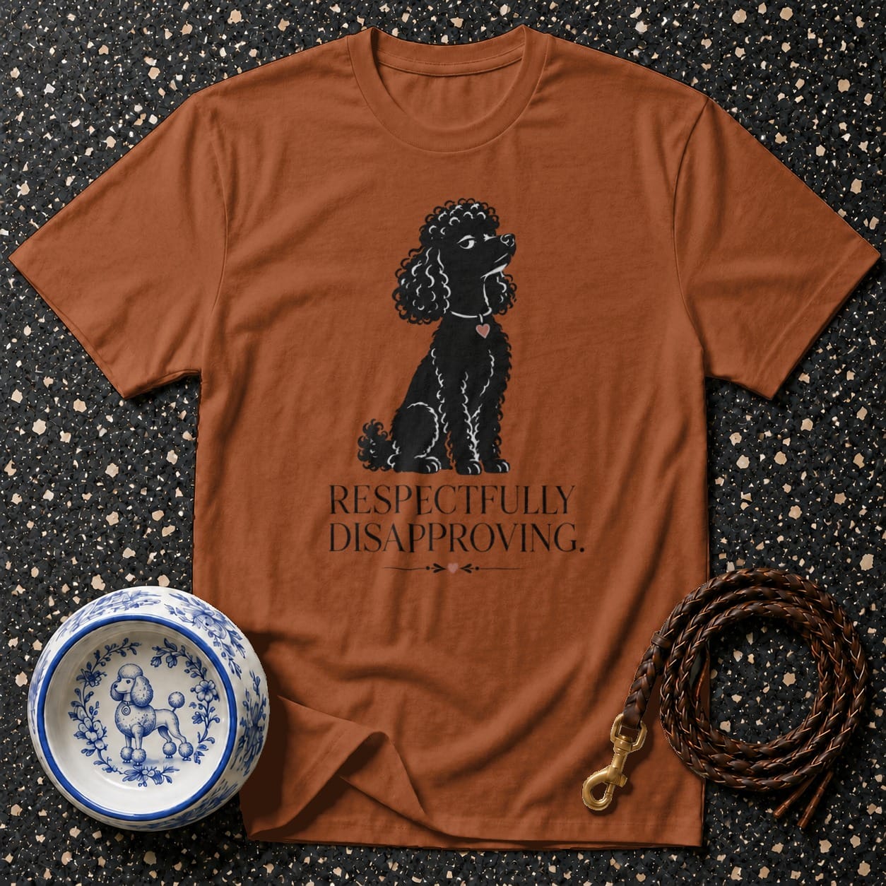 Brown t-shirt with black poodle graphic and text "RESPECTFULLY DISAPPROVING."