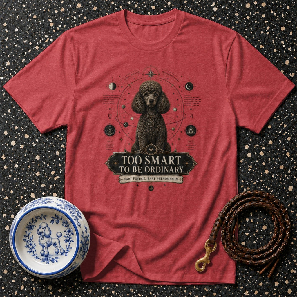 Red t-shirt with a poodle graphic and text "TOO SMART TO BE ORDINARY."