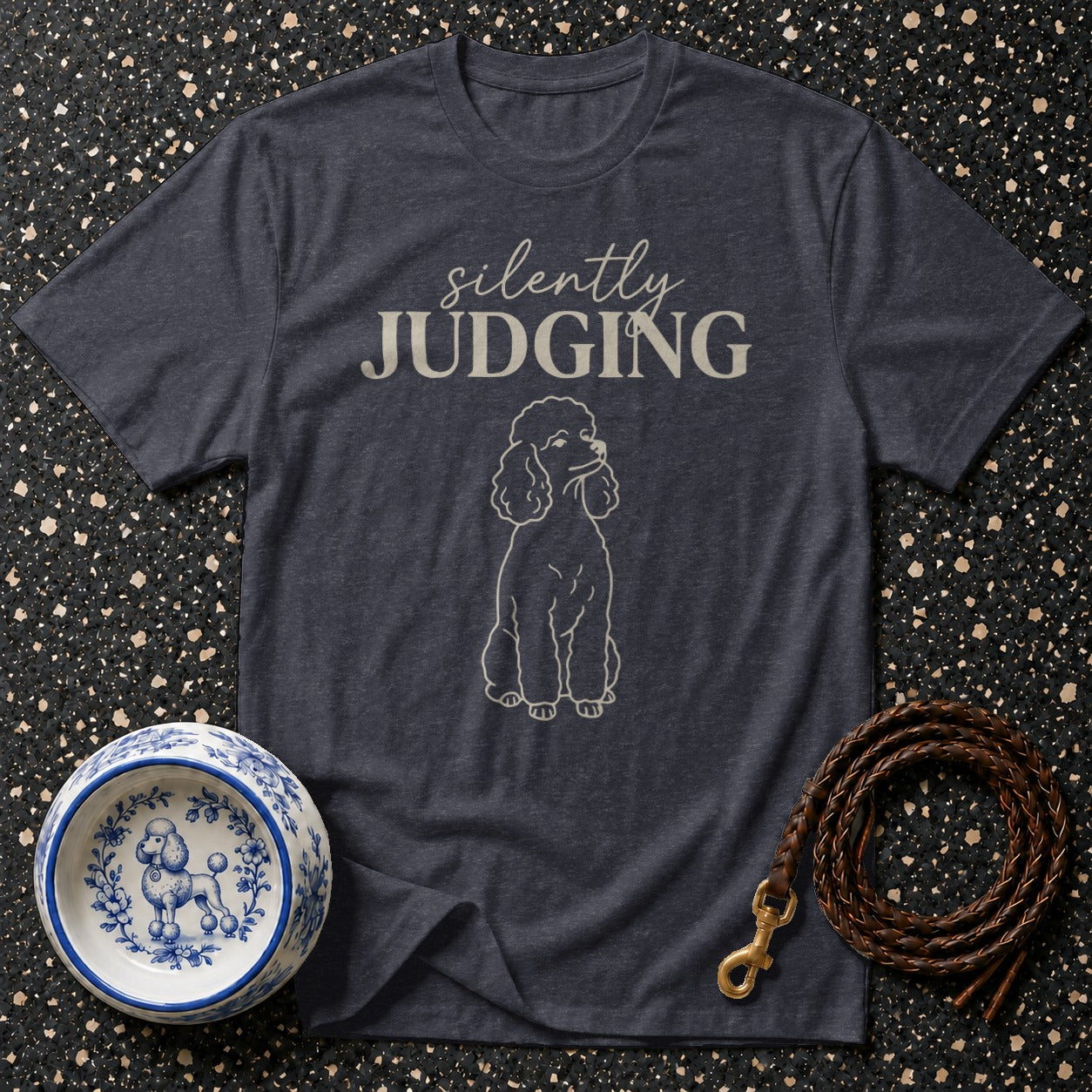 Dark blue t-shirt with poodle graphic and "silently JUDGING" text.