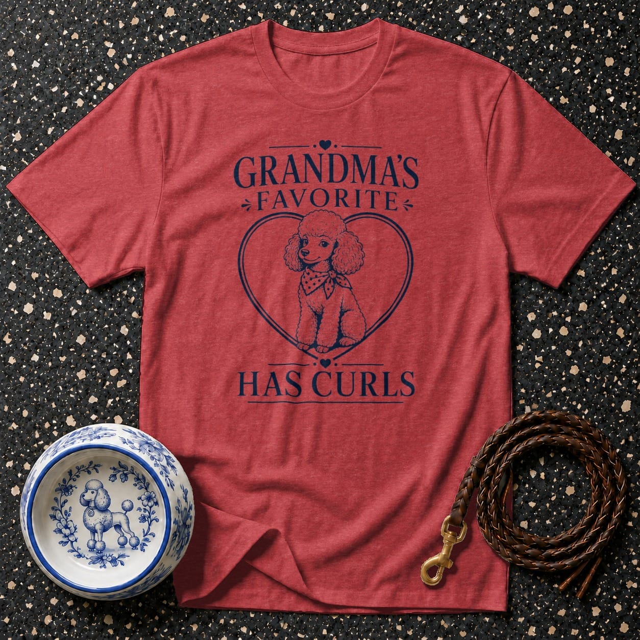 Red t-shirt with navy graphic: "Grandma's Favorite Has Curls" and poodle.