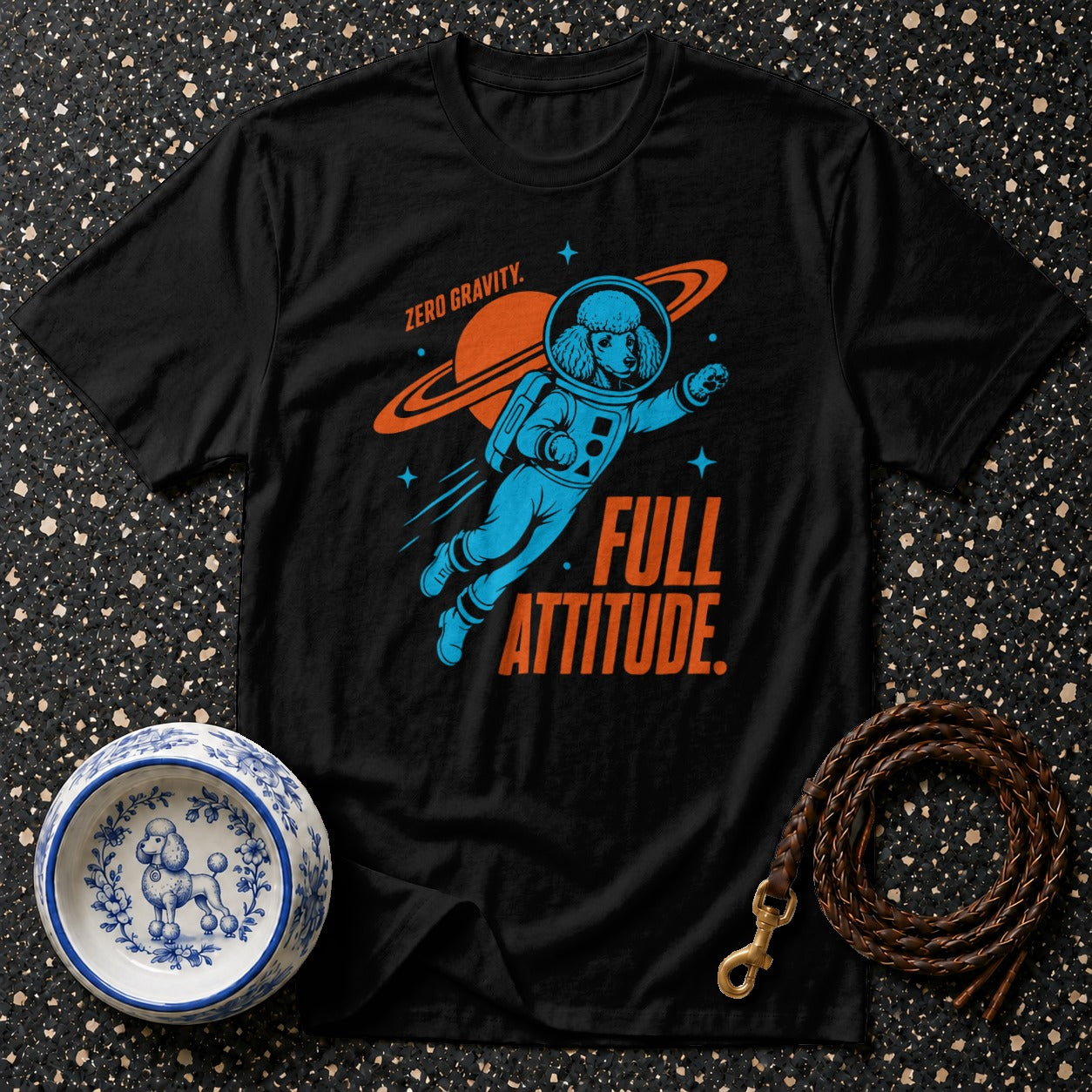 Black t-shirt with a poodle astronaut graphic and "Full Attitude" text.