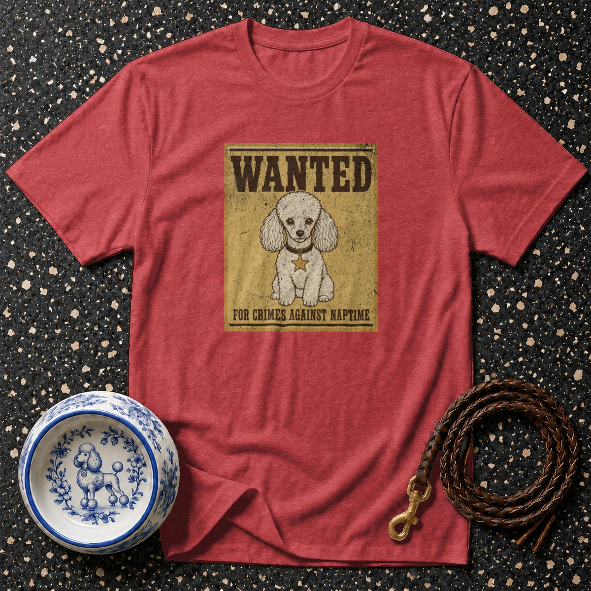 Red t-shirt with a vintage wanted poster graphic of a poodle.