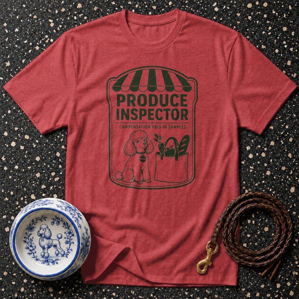Red t-shirt with "Produce Inspector" graphic and poodle dog by a grocery bag.